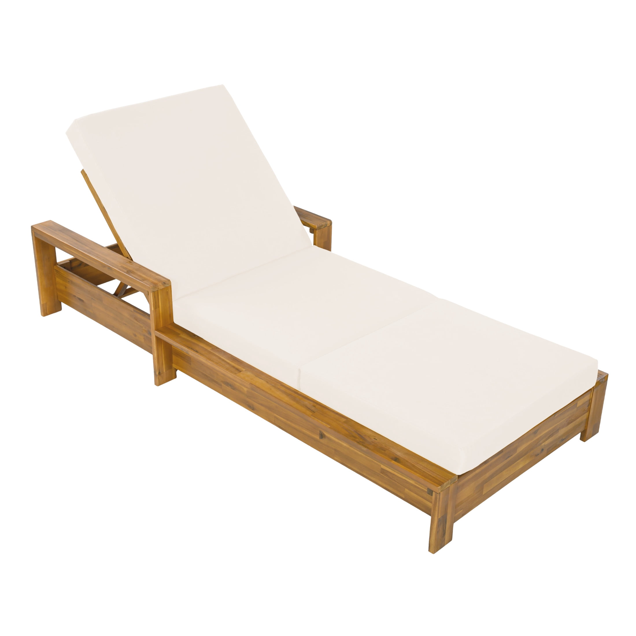Christopher Knight Home Acacia Wood Outdoor Chaise Lounge Set with Armrests, 3-Fold Cushion, Teak + Cream