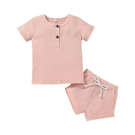

Fesfesfes Newborn Baby Boy And Girl Summer Solid Color Top + Pants Two-piece Suit