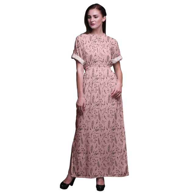 Bimba Robe Longue d'Été en Rayonne à Feuilles de Bleuets Imprimées, Manches Kimono, Fente, Grande