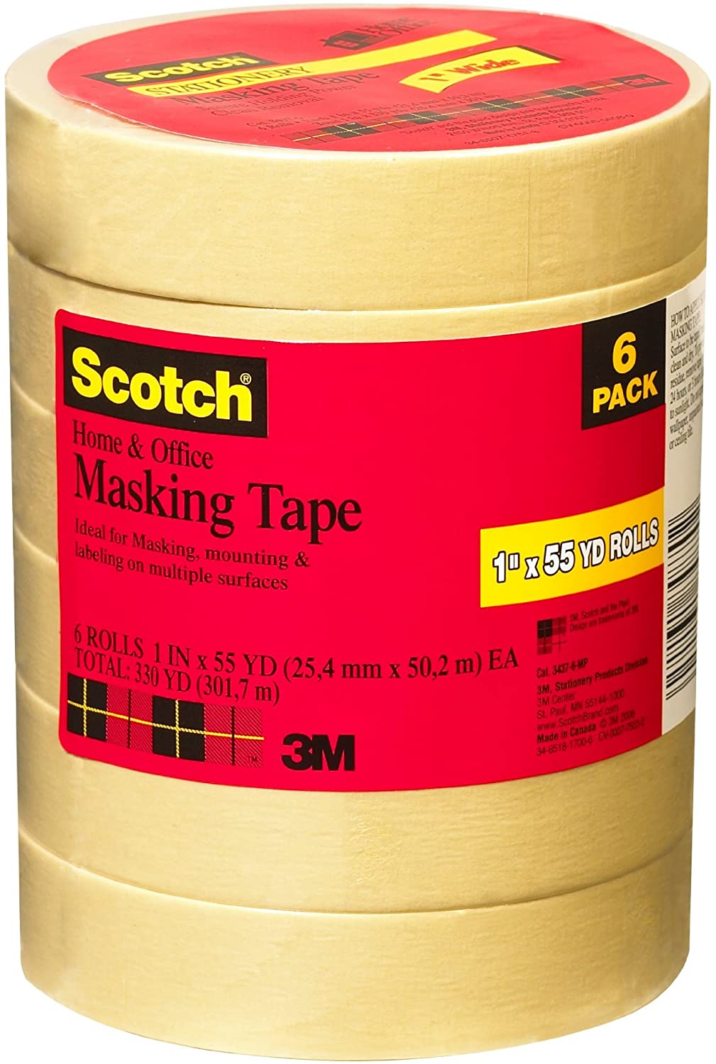 Scotch Home and Office Masking Tape, 34376MP, 1 in x 55 yd, 6 Rolls