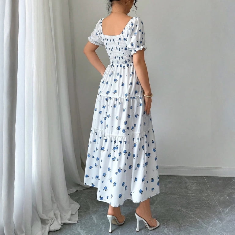 cottagecore blue dress Dresses for Women, Floral Tiered Midi Dress, Square Neck Puff Sleeve Smocked Vacation S For renaissance faire dresses
