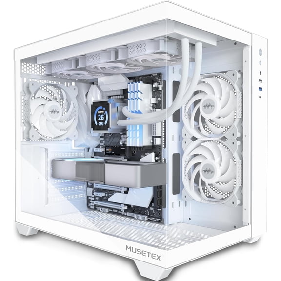 ATX PC Case 360MM RAD Support 3 x 120mm Non-ARGB Fans Pre-Installed 270° Full View Tempered Glass Gaming PC Case with Type-C Mid Tower ATX Computer Case White Y6