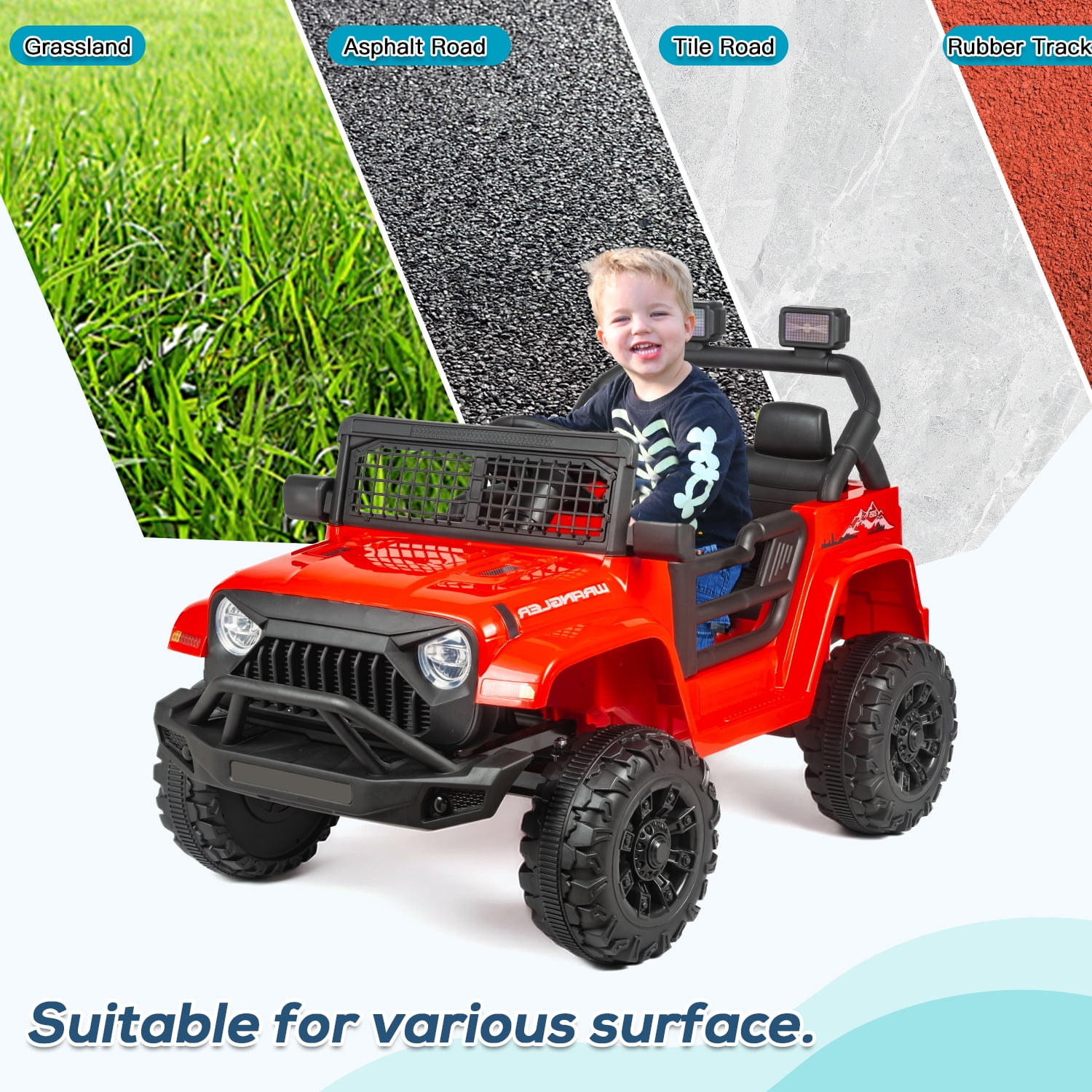 Erinnyees Ride on Jeep Car 12V Kids Electric Vehicles with Parent Remote Control, Safety Belt,Forward and Reverse Functions,Battery Powered,Spring Suspension,Music and Lights-Red