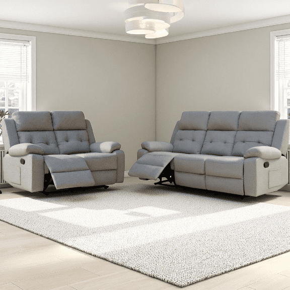 3 2 Gray Manual Reclining Sofa Set with 3 Seater Couch and 2 Seater Loveseat, Family Recliner Furniture with Independent Side Recline, Tool-Free Assembly, Living Room Home Theater RV Seating