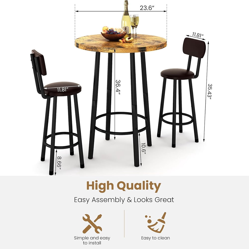LinkRomat Dining Table Set for 2, Farmhouse Round Kitchen Table with 2 PU Leather Upholstered Stools, Dinette Set for Small Space for Dining Room