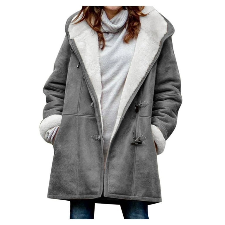 twifer winter jackets womens women winter plus size solid plus velvet coat  long sleeve horn buckle pocket overcoat 