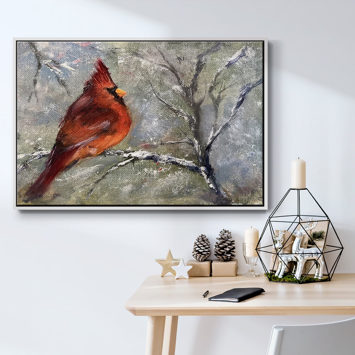 Cardinal in Snow II - Framed Gallery Wrapped Holiday Canvas - 25 x 37 - White Frame