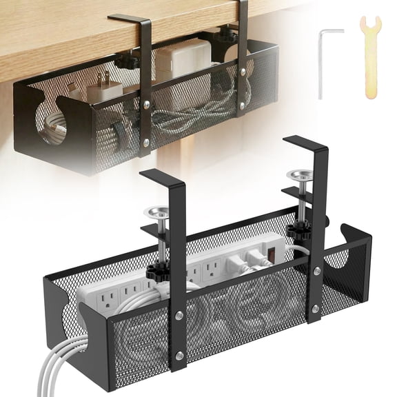 Grusce Under Desk Cable Management Basket, 13.39" Cable Management Box for Table Thickness up to 1.97" Wire Cord Organizer with Clamp No Drill
