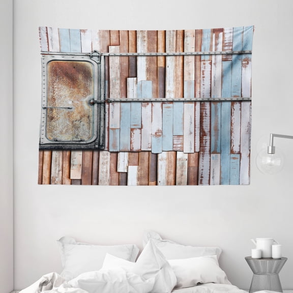 Wooden Decor Tapestry, Rustic Colored Rusty Planks with Old Ship Door Marine Themed Artwork, Wall Hanging for Bedroom Living Room Dorm Decor, 80W X 60L Inches, Blue Brown and White, by Ambesonne