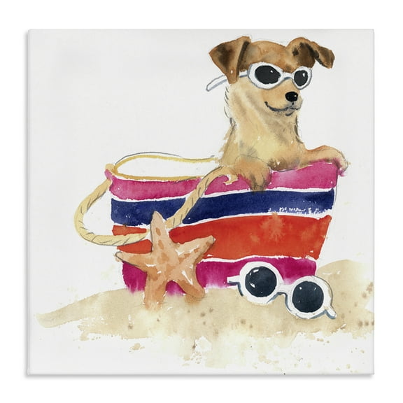 Stupell Industries Sandy Dog in Beach Bag Animals Painting Wrapped Canvas Art Print Wall Art, 17 x 17