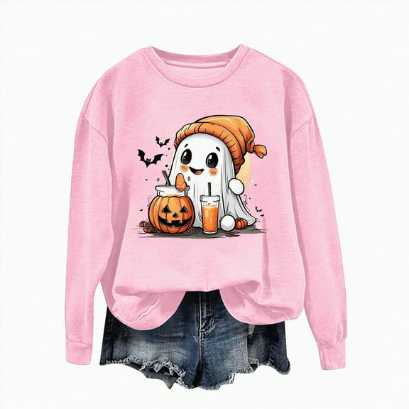 mgoYE Halloween Shirt for Women Womens Halloween O Neck Shirt Funny Pumpkin Printed T Shirt Graphic Tee Fall Raglan Tops(Pink,M)