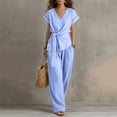 thumbnail image 2 of VBVC Women's Wrap Tie 2 Piece Work Set,Short Sleeve Top and Wide Leg Pants For Women, Ladies' Breathable Summer Loungewear With Pockets,Light Blue,S-3XL, 2 of 8