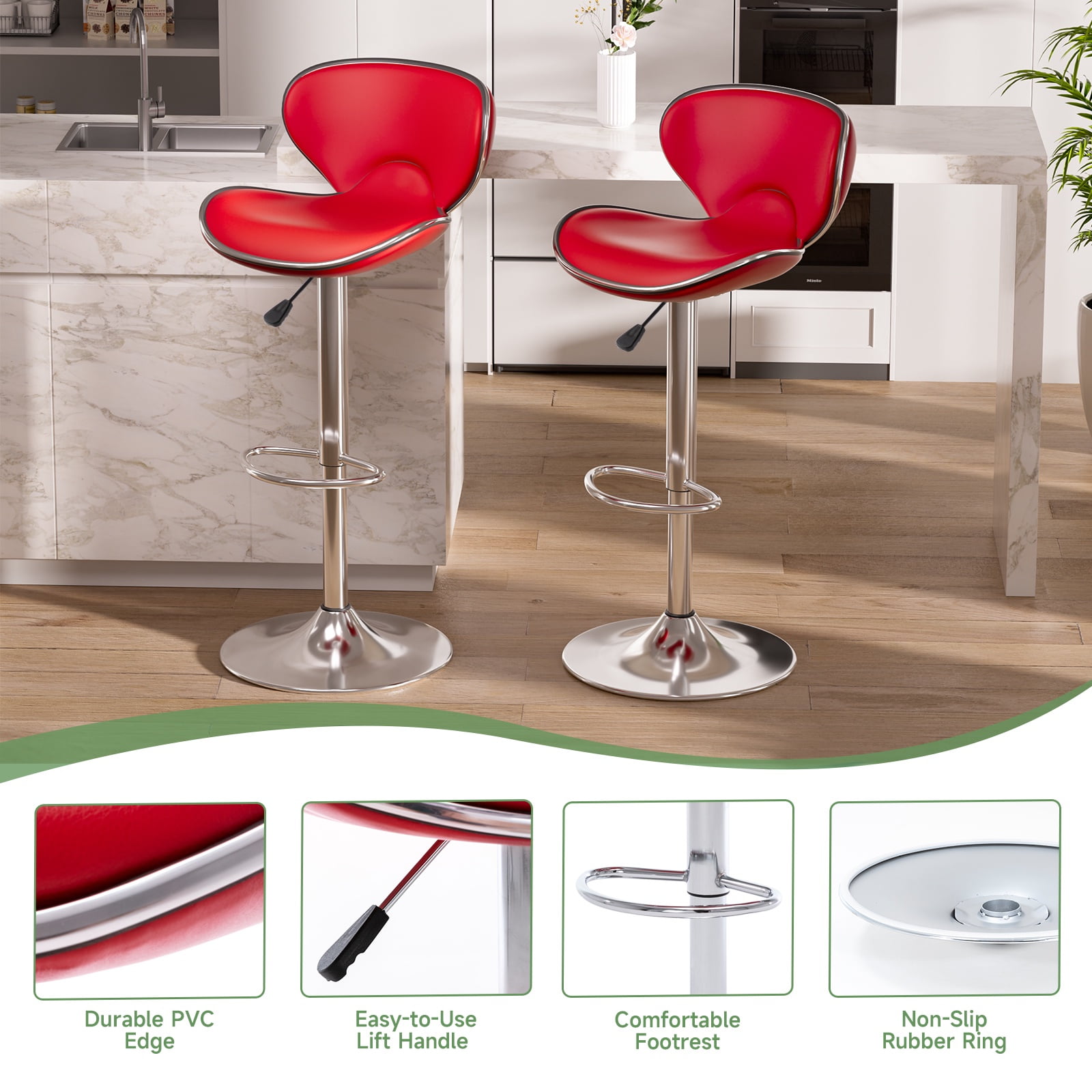 Adjustable Swivel Bar Stools Set of 2 , Modern PU Leather Upholstered Bar Chairs with Chrome Base for Kitchen Island, Dining Room, Pub, Counter (Red)