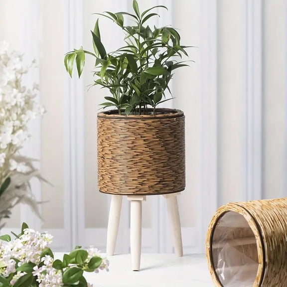 Woven Rattan Woven Plant Pot On Wooden Standing Legs, Round Floor Rattan Plant Stand Holder, Wicker Plant Basket with Stand for Living Room Balcony Home Decor Coffee color