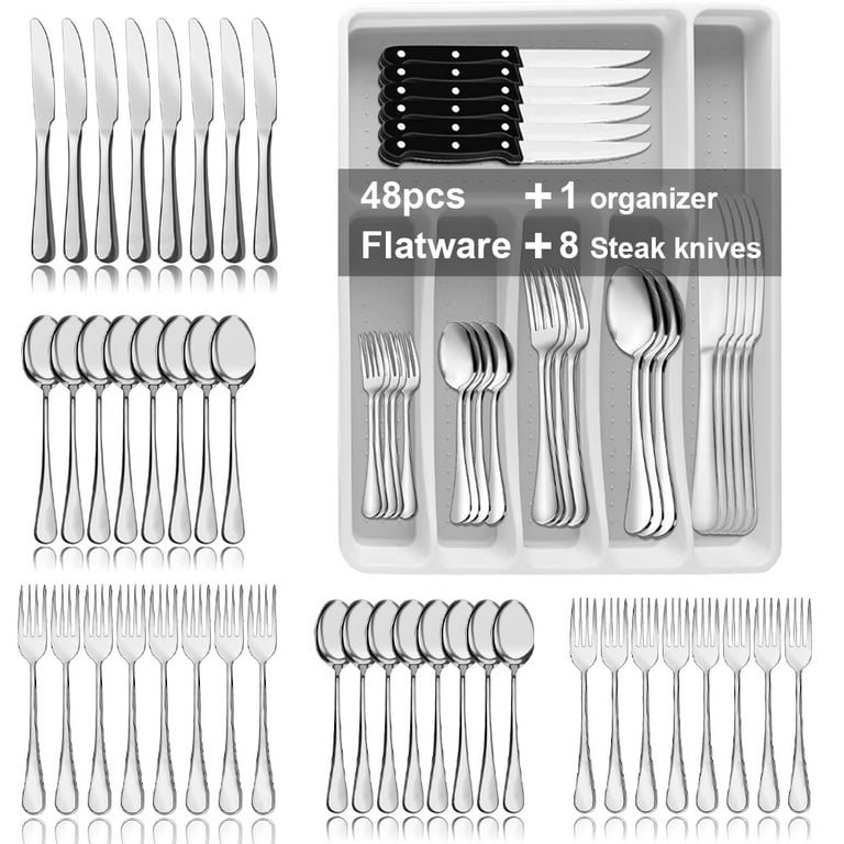 48-Piece Black Silverware Set for 8, Stainless Steel Flatware Cutlery Set  with Steak Knives, Stain Finish Kitchen Utensil Tableware Set, Includes