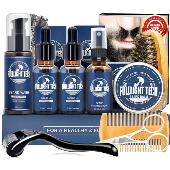 FULLLIGHT TECH Kit para Barba con Spray de Vitaminas 2x Bálsamo de Aceite Cepillo de Lavado Peine Tijeras - Regalos para el Cuidado de la Barba para Hombres Él Marido Novio Papá - Día de San Valentín
