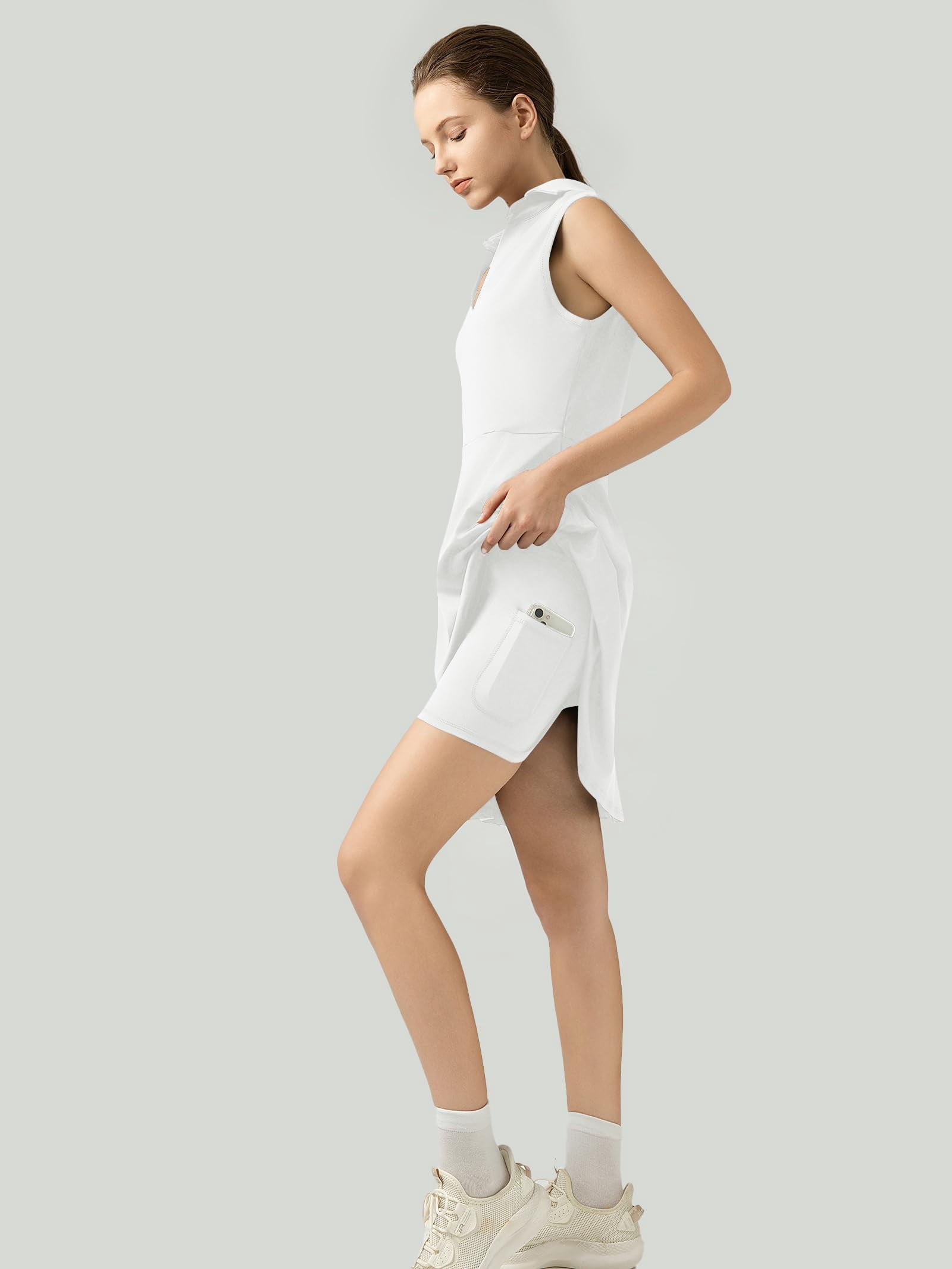Golf Tennis Dresses, Women Athletic Dress with Separate Shorts, V Neck Sleeveless Workout Dresses Solid Color L