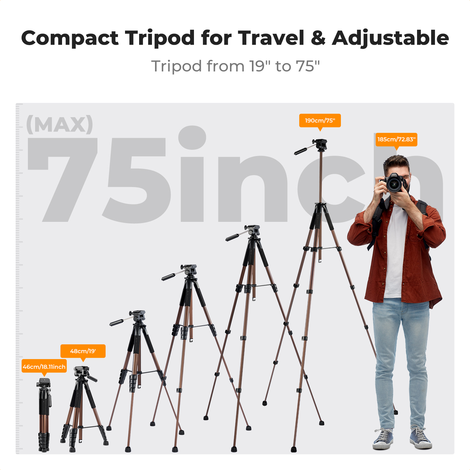K&F CONCEPT Camera Tripod, 75" Lightweight Travel Outdoor DSLR Tripods for Recording , Cellphone Clip for Live Streaming Vlog (Bronze Gold)