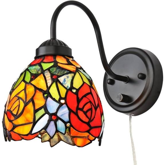 Bedside Wall Mount Lamp with Dimmable Switch, Industrial Vintage Gooseneck Wall Sconce with Plug in Cord, Rose Stained Glass Shade Wall Light Perfect for Bedroom, Living Room and Hotel
