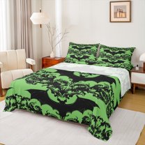 Manfei Western Damask Print Queen Sheet Sets for Kid, Black Green Bat Flat Sheet, Halloween Theme Queen Fitted Sheet, Lightweight Room Decor, 4-Piece