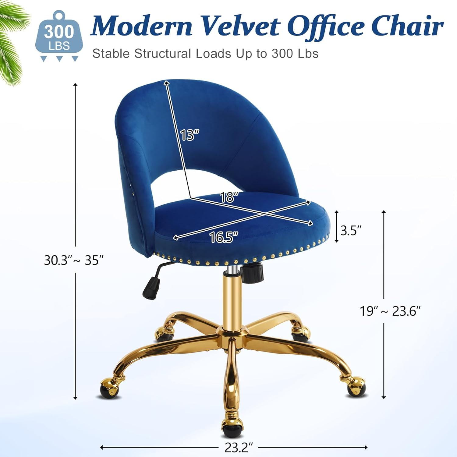 QHTER Modern Velvet Small Office Chair,Cute Desk Chair with Wheels,Gold Base/Studs, Comfy Armless Swivel Vanity Task Chair for Women/Girl/Kids, Nail Tech Chair for Bedroom,Small Space,Navy Blue