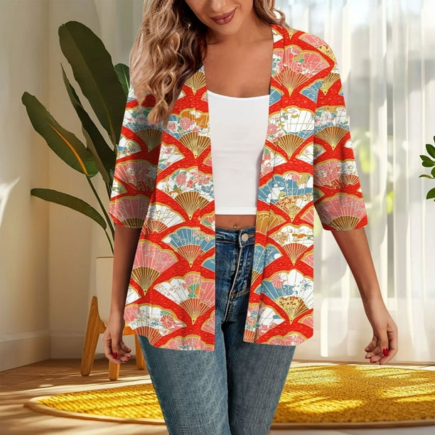 Cárdigan informal de moda para mujer, estampado, con mangas 3/4, holgado e informal, de poliéster