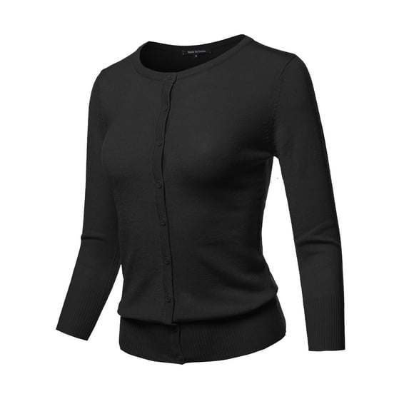 FashionOutfit Women's Solid Crew Neck Button Down 3/4 Sleeves Knit Cardigan