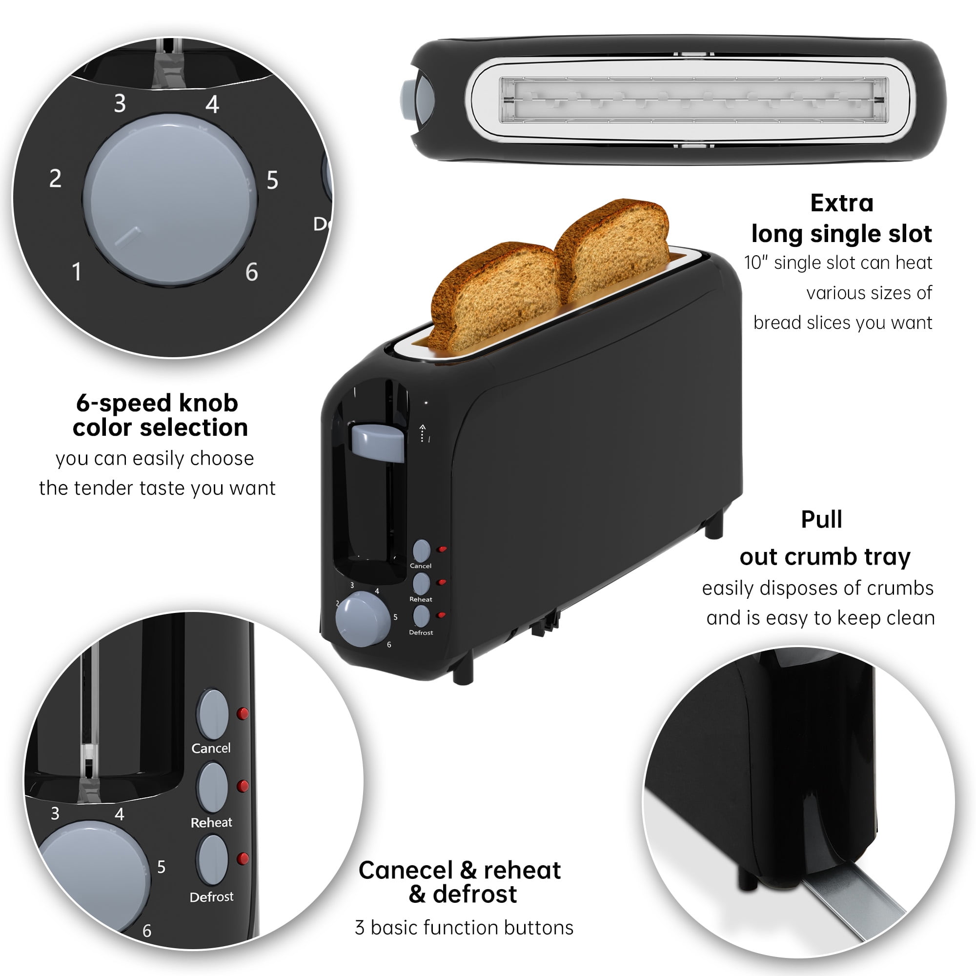 2-Slice Slim Toaster - 10" Long Slot for Bagels & Artisan Bread, 6 Shade Settings, Cancel/Reheat/Defrost, Removable Crumb Tray, Auto Shut-Off,Black