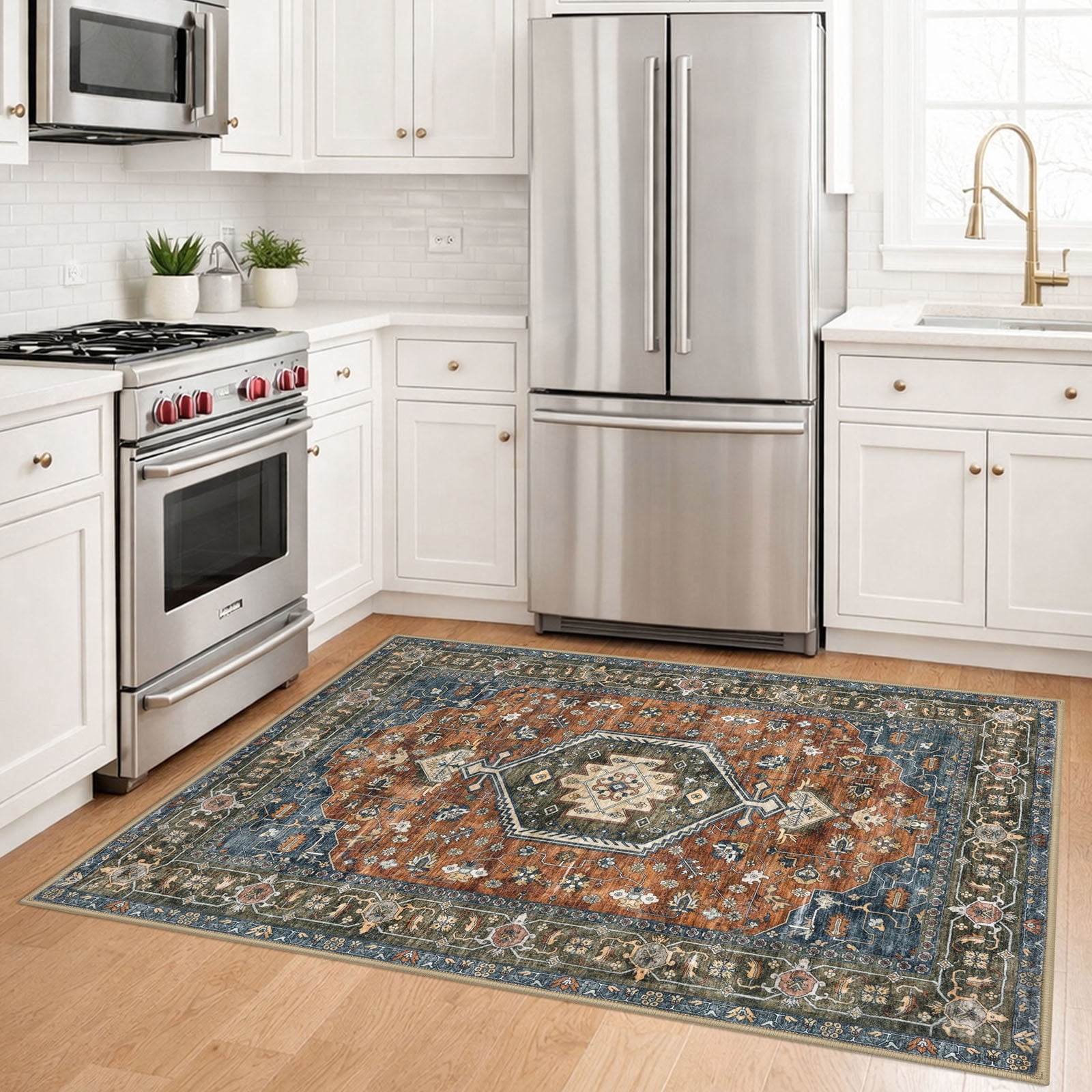 GLATTICE Washable Rugs 3x5 Brick Red Area Rugs Vintage Floral Rug for Living Room Non-Slip Kitchen Rugs Soft Printed Distressed Entry Rug Low-Pile Throw Rug Carpet for Entryway Bedroom