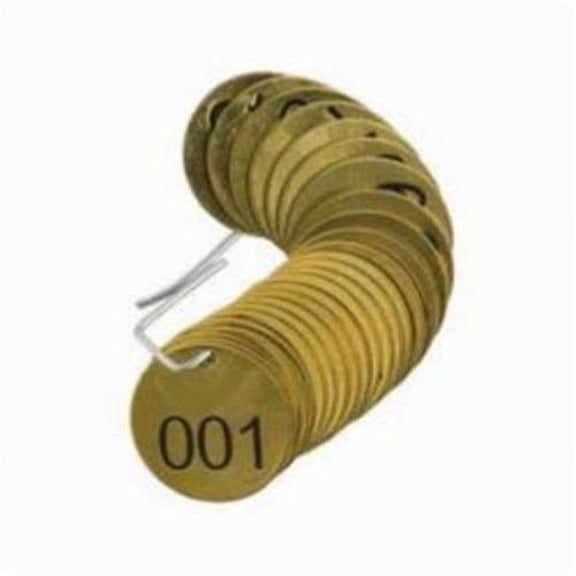 Brady 23200 Stamped Valve Tag 25/Pkg Brass 1-1/2"" Dia. Black/Brass
