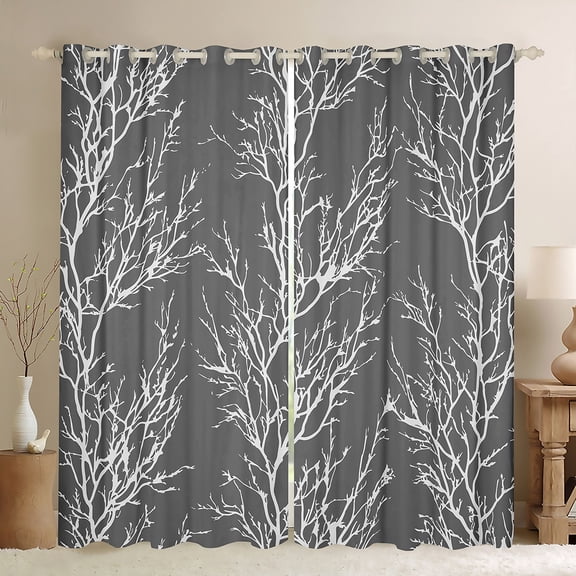 Homewish Chic Grey Branches Black Out Curtains, Jungle Plant Botanical Curtains Pack of 2 (42x63 Each), Teens Adult Men Female Bedroom Curtains, Window Curtains Room Decor
