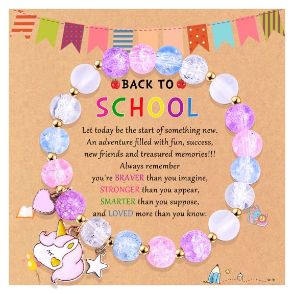 Magical Unicorn Back to School Bracelet, Pink Stretch Cord Glass Bead Bracelet Daughter First Day of School Gift