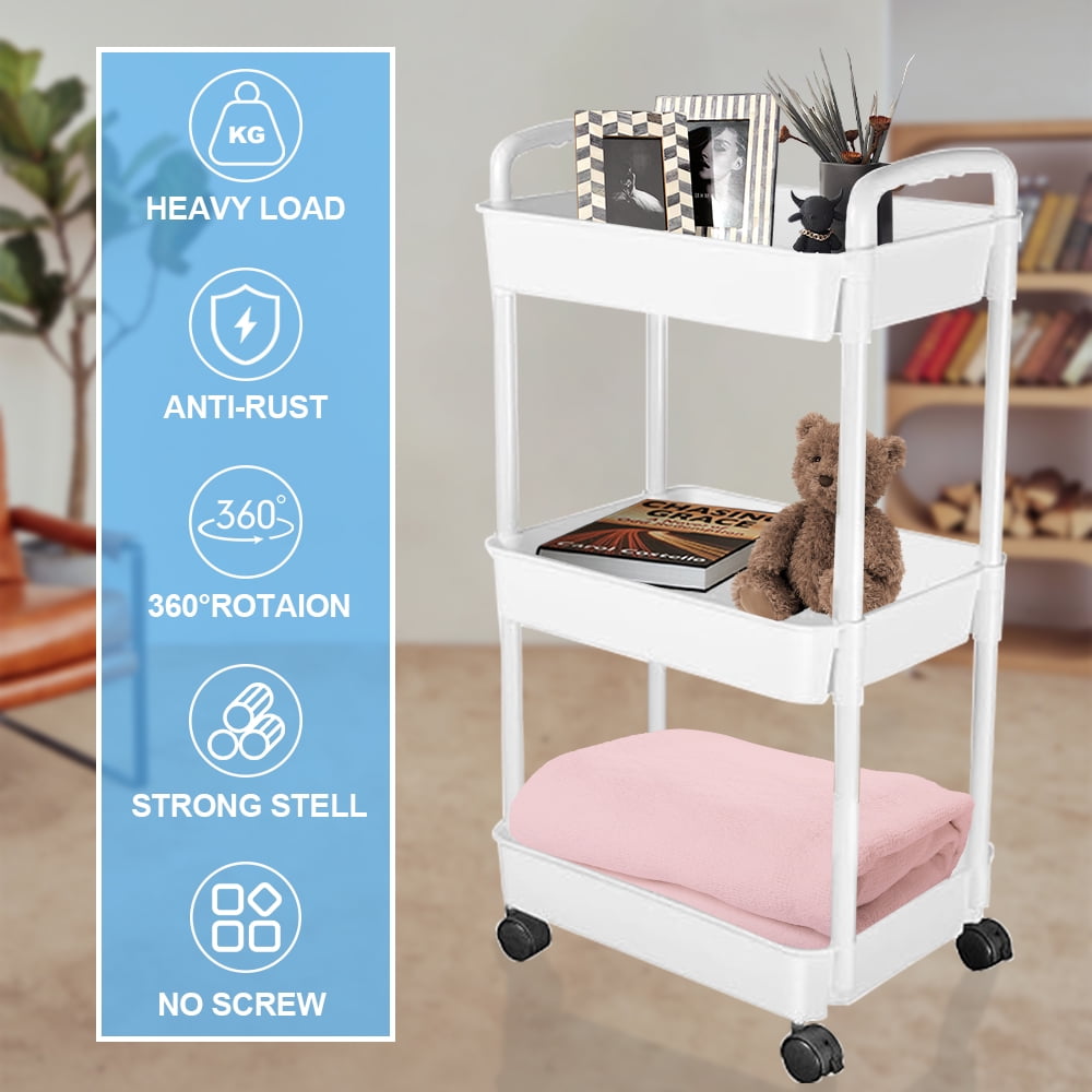 Bathroom Cart with Wheels Kitchen Small Storage 3 Tier Rack Rolling Trolleys Organizer Shelf, White