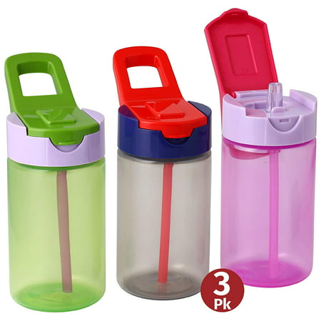 Water Bottles With Straw For Kids – 3 Pack Kids Drink Bottles With Carry Strap Handle – 3 Multi-Coloured Kids Leakproof Sports Water Bottles– 15oz By