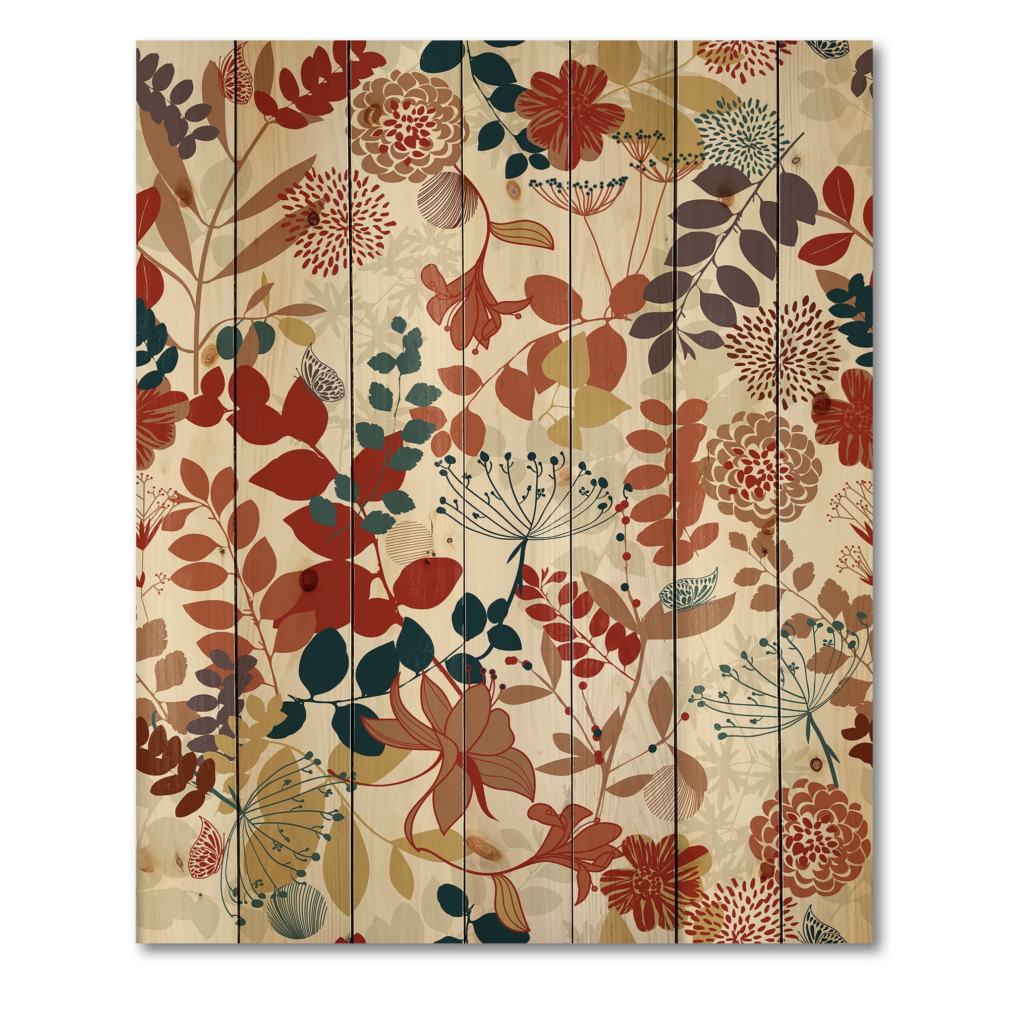 Designart 'Botanical Retro Garden' Bohemian & Eclectic Print on Natural Pine Wood