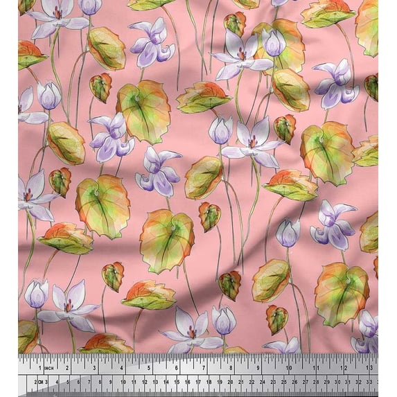Soimoi Orange polyester Crepe Fabric Leaves & Purple Floral Printed Craft Fabric by The Yard 52 Inch Wide