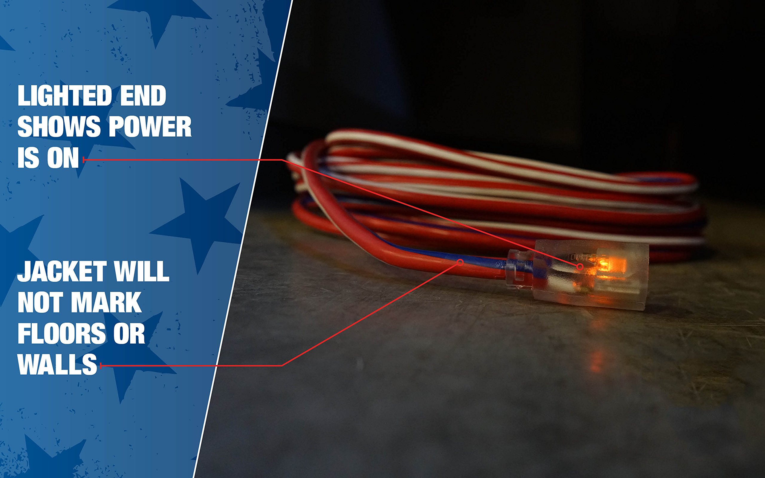 Southwire 2549SWUSA1 12/3 100' Red, White, Blue Contractor Grade Extension Cord with Lighted End