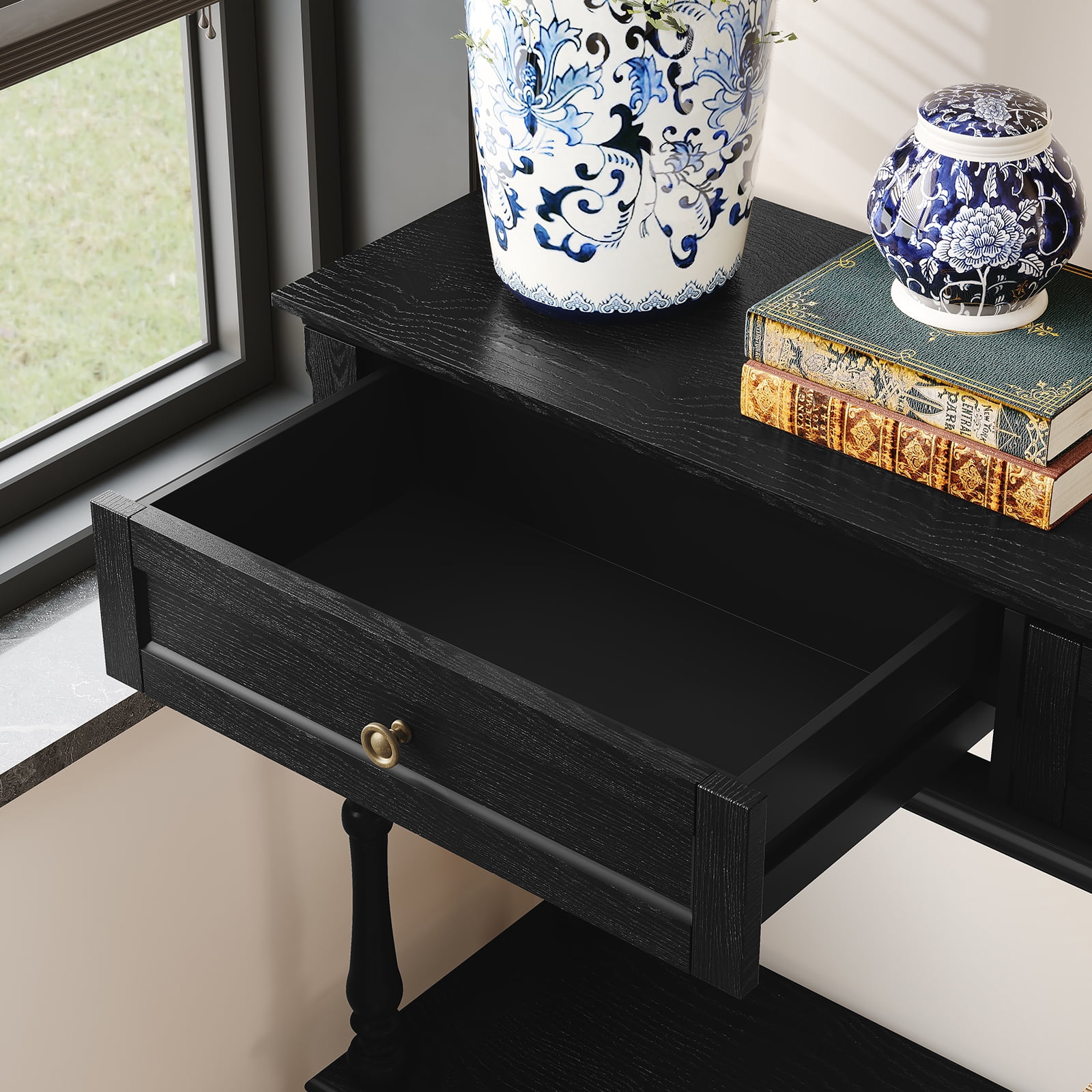 HLR 40" Modern Console Table, Assembled Entryway Table with 2 Drawers for Living Room, Black