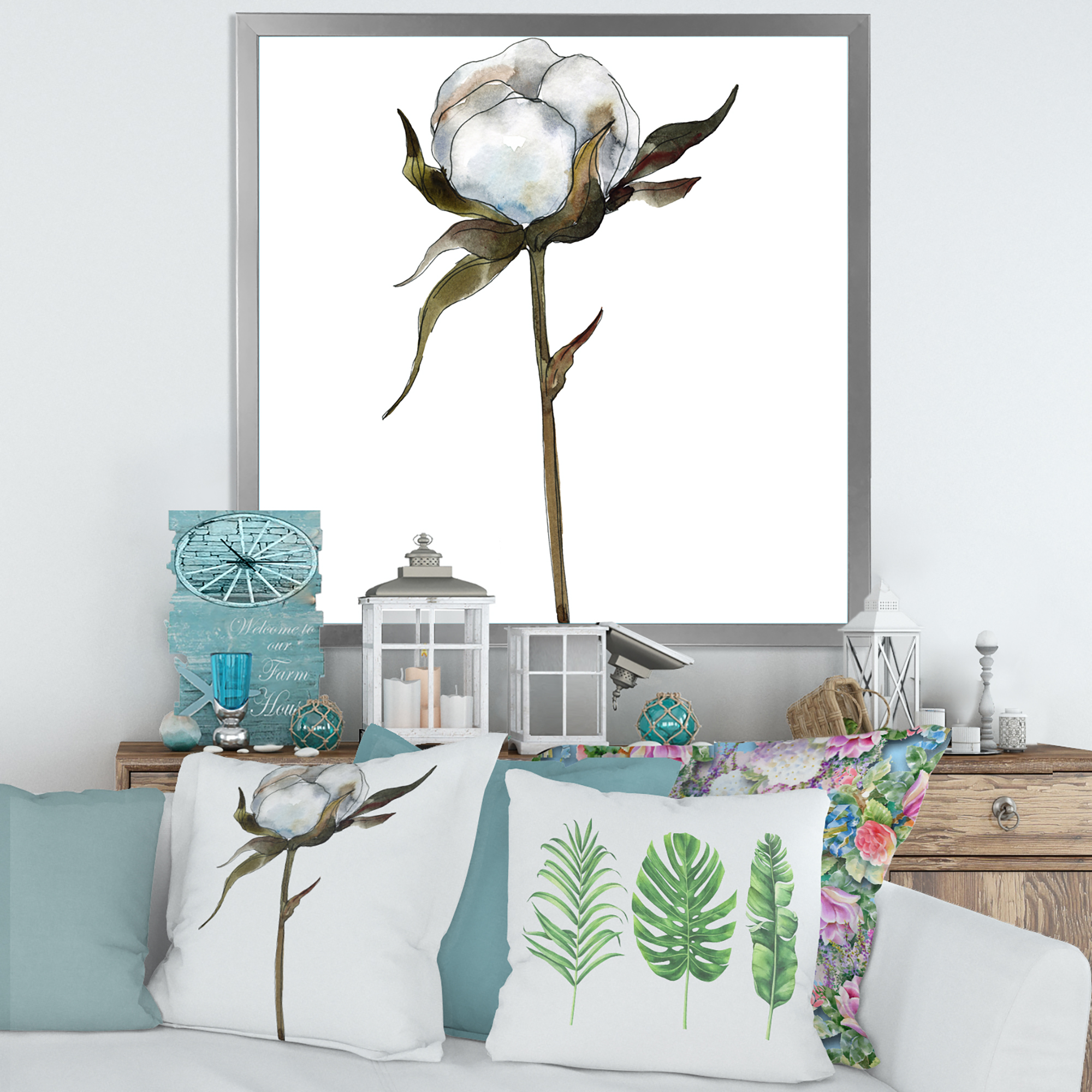 Designart 'Cotton Flower Retro Style' Traditional Framed Art Print