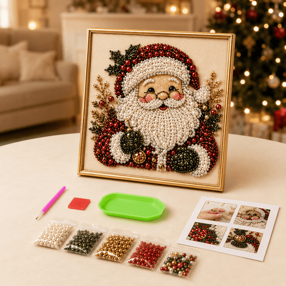 DIY Christmas Pearl Bead Art Kit with Frame, Santa Claus Diamond Craft Set for Adult and Beginners Christmas Wall Decor 7.87x7.87"