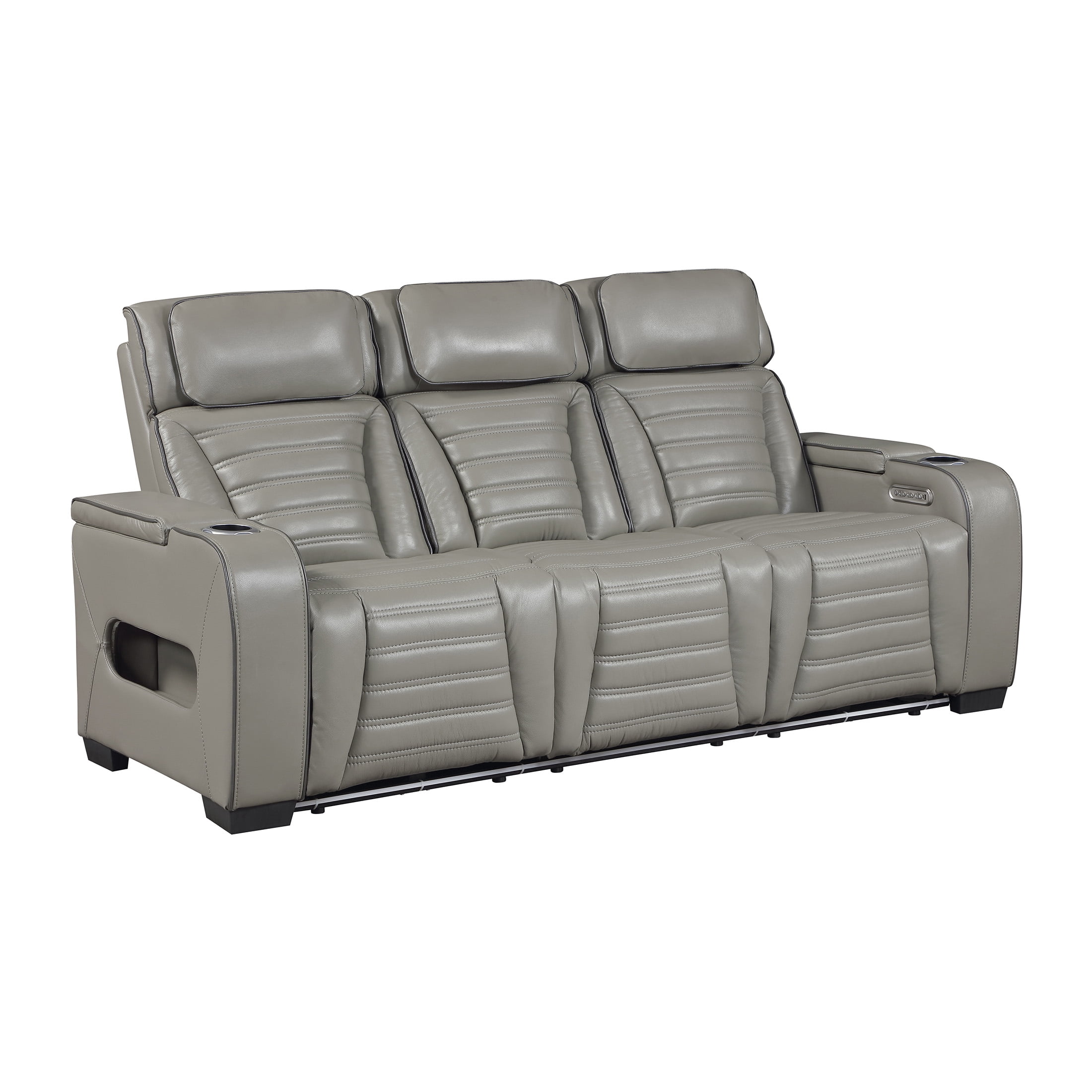 OakvillePark Elantra Leather Match Power Double Reclining Sofa with Center Drop-Down Cup Holder/Power Headrests/Storage Arms/Reading Lights/Wireless Charger/Air Massage/Heat/LED Lighting, Gray