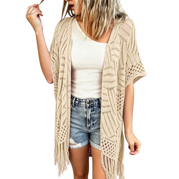 MSJUHEG Crochet Cardigans for Women 3/4 Sleeve Batwing Summer Cardigan Women's Shrug Sweaters Boho Cardigan Summer Cover Up Cardigan Bolero Shrugs for Dresses Beige One Size