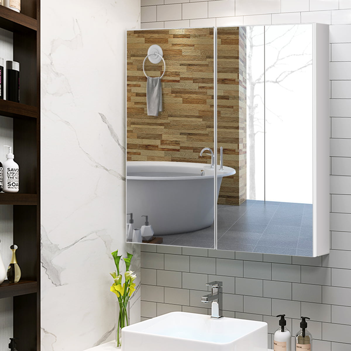 Circulaire Mur Blanc étagère avec miroir Unité salle de bains cuisine hall 