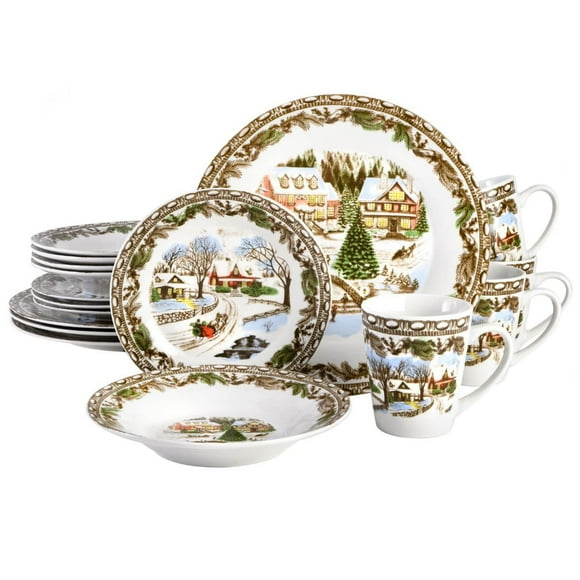 Gibson Christmas Toile 16 Piece Dinnerware Set, Fine Ceramic