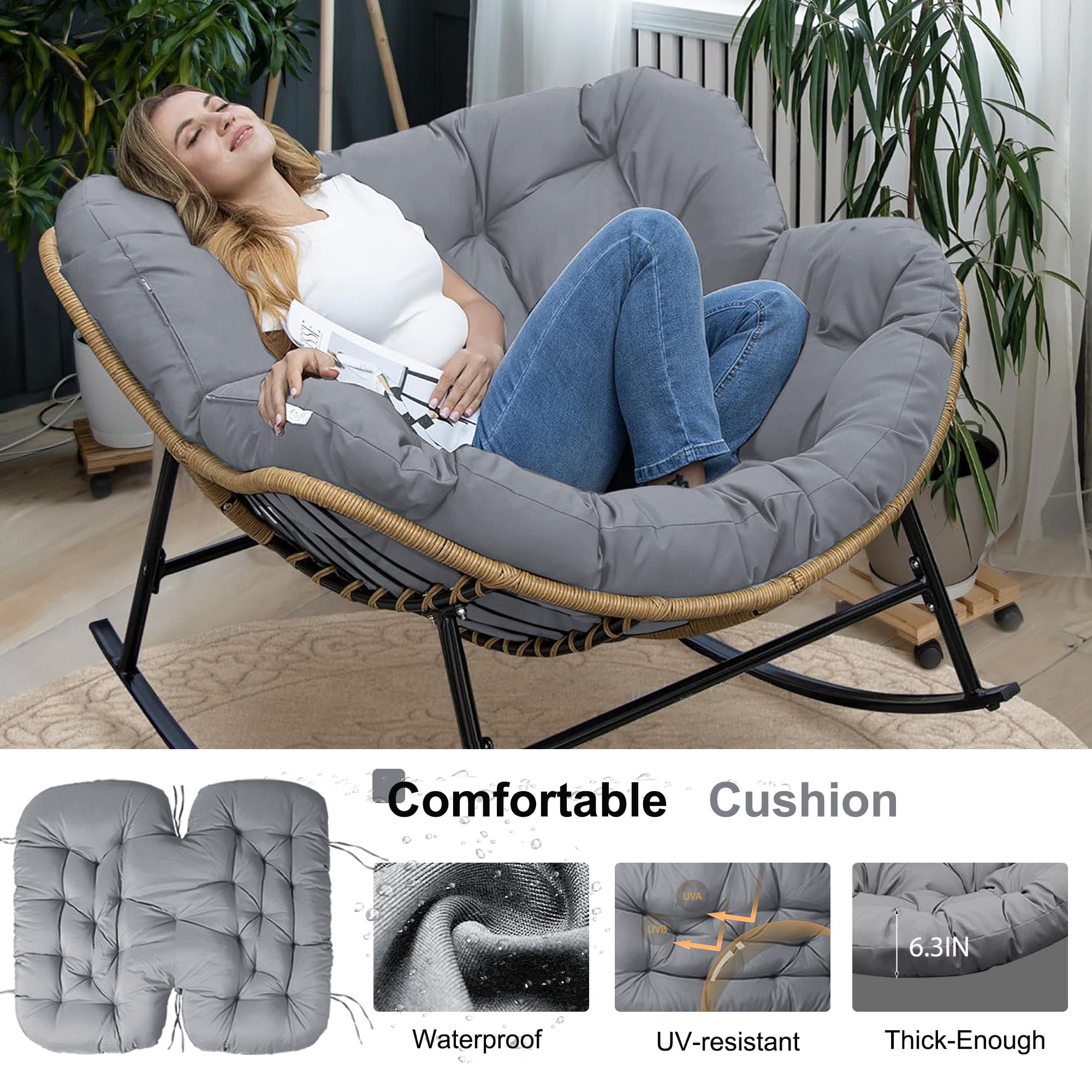 Outdoor Rocking Chair Cushions 6.3" Thick, Waterproof Papasan Chair Cushion, Fade-Resistant Patio Egg Lounge Chair Cushions for Indoor Outdoor Garden, Porch, Balcony