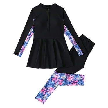Tiweut Swimsuit for Girls Long Sleeve Full Body Swimwear Rash Guard Modest Bathing Suit,Black