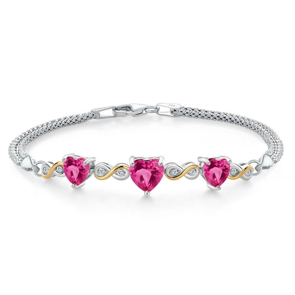 925 Sterling Silver and 10K Yellow Gold Pink Created Sapphire and White Lab Grown Diamond Bracelet for Women (3.08 Cttw, September Birthstone, Heart 7MM and 6MM, 6.5/7/7.5 inch, Made in Italy)