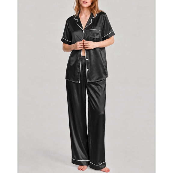 DAKIMOE Silk Satin Pajamas Set for Women Two-Piece Short Sleeve Shirt with Long Pajama Pant Set Soft Button Down Loungewear Nightwear Pjs Sleepwear for Women