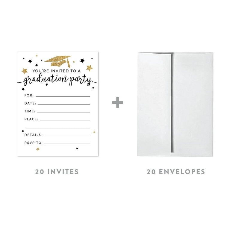 White and Gold Glittering Graduation, Blank Invitations with Envelopes,  20-Pack