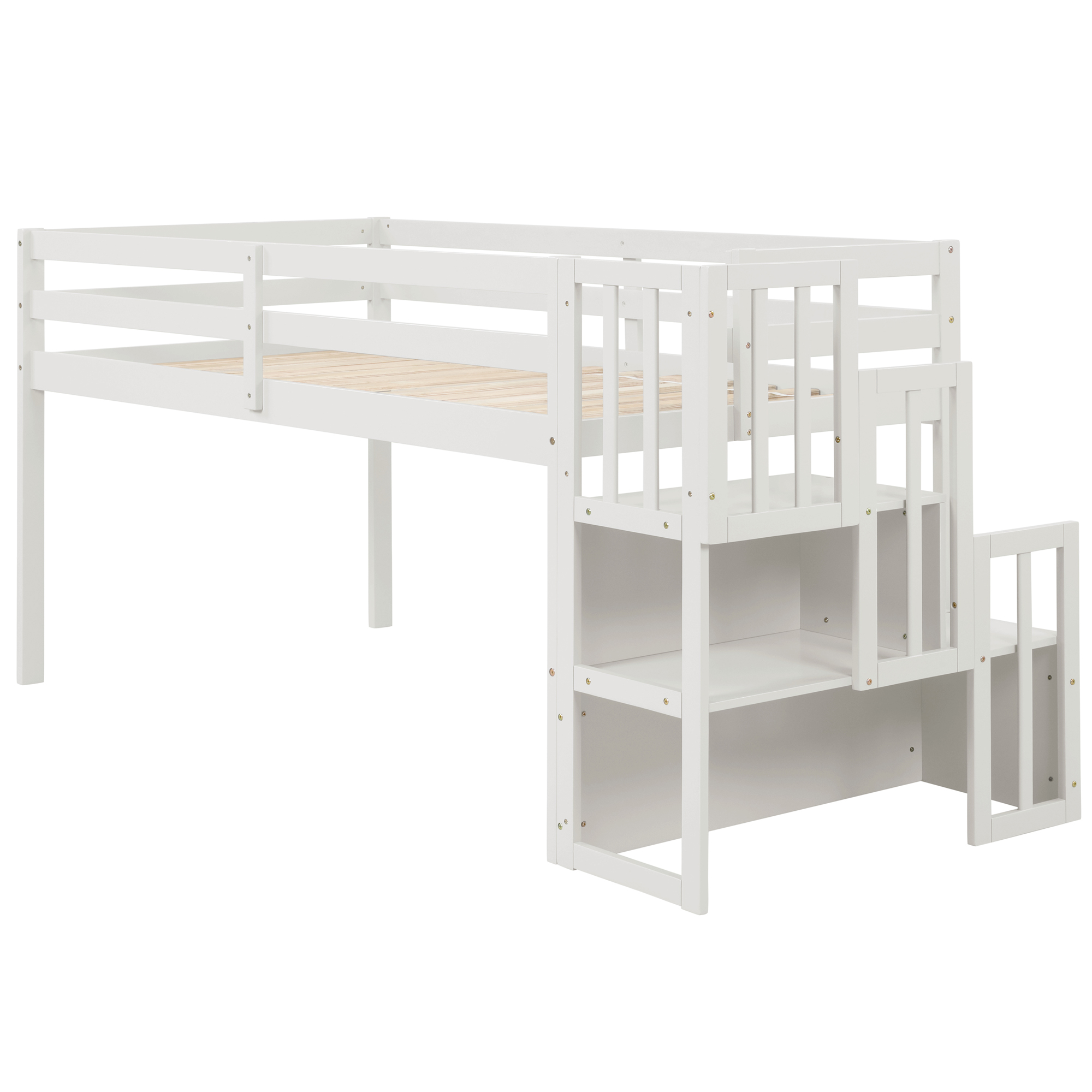 Gewnee Wood Twin Low Loft Bed with Storage Staircase and Safety Guardrails for Kids,White